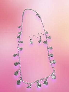 Silver Disc Charm Necklace and Earrings Set - Women Jewelry